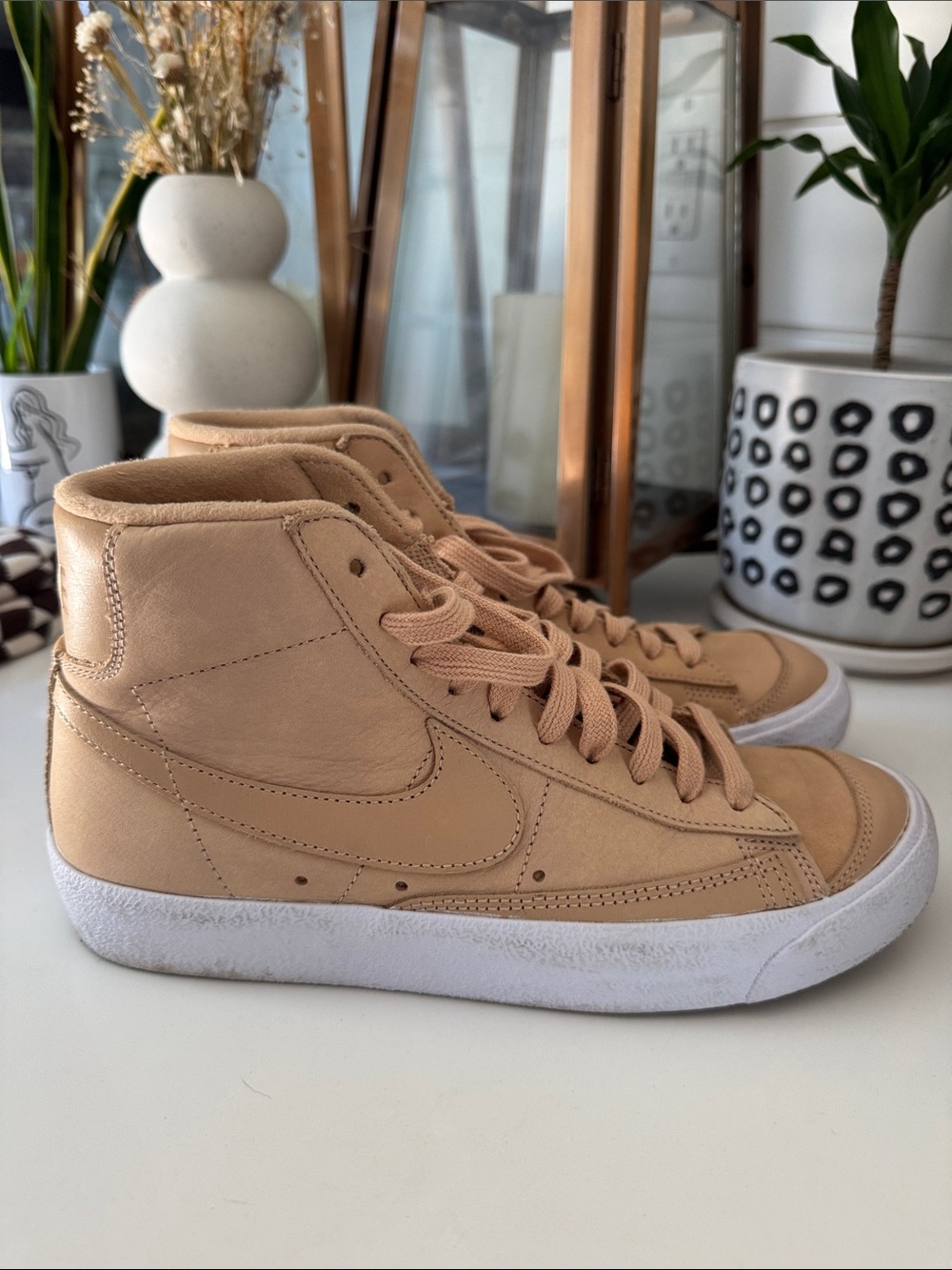 Nike Women's High-Top Retro Air Jordans Sneakers in Beige/Tan Leather